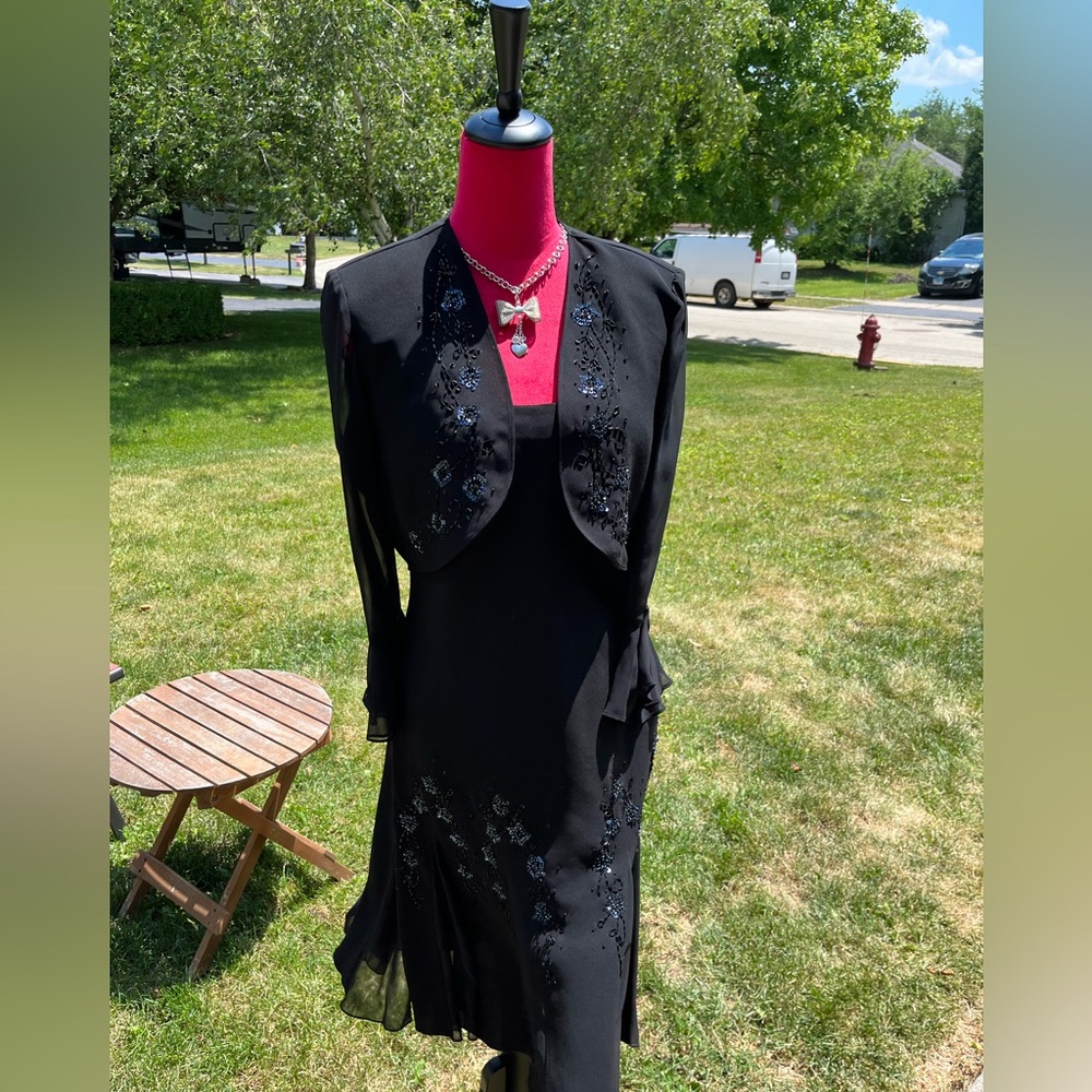 Size 12P black dress with jacket beautiful beading 100% Polyester